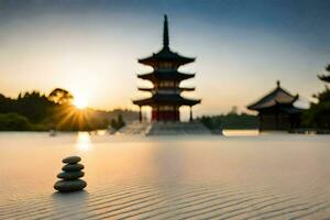 a pagoda in the background with a stack of stones. AI-Generated photo