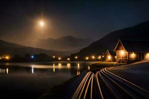 a lake and a cabin at night with a full moon. AI-Generated photo