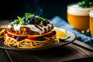 a plate with a burger and pasta on it. AI-Generated photo