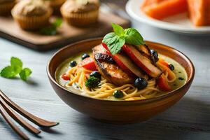 chicken noodle soup with vegetables and fruit on a wooden table. AI-Generated photo