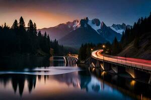 a bridge over a lake at sunset with mountains in the background. AI-Generated photo