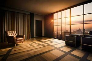 a room with a chair and a view of the city. AI-Generated photo