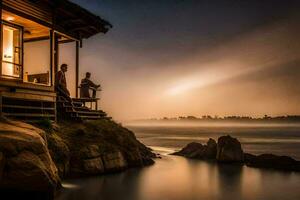 two people stand on the edge of a house overlooking the ocean. AI-Generated photo