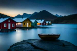 a wooden bowl sits on the edge of a rock in front of a lake. AI-Generated photo