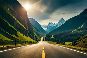 a road in the mountains with a sun shining. AI-Generated photo