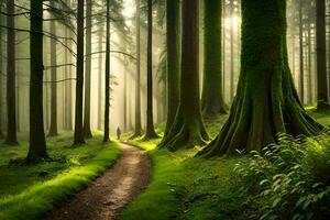 a path through a forest with tall trees. AI-Generated photo