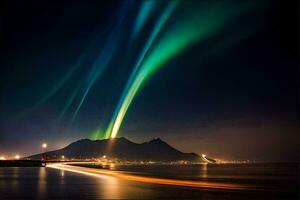 el Aurora borealis terminado el montañas en Noruega. generado por ai foto