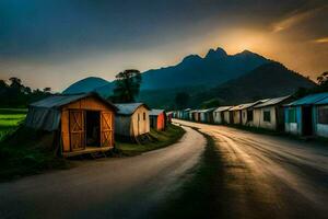 a road with huts and mountains in the background. AI-Generated photo