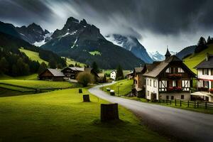 photo wallpaper the sky, mountains, road, house, village, the alps, austria. AI-Generated