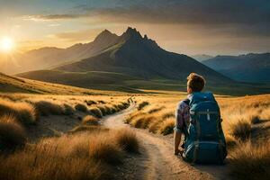 a man with a backpack sitting on the side of a road in the mountains. AI-Generated photo