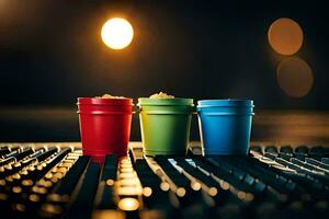 three colorful cups sit on top of a mixing board. AI-Generated photo