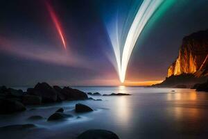 a colorful light trail is seen over the ocean. AI-Generated photo