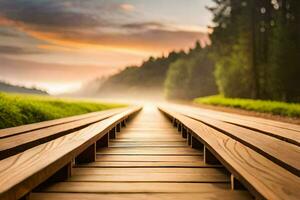 a wooden path leads to a sunset. AI-Generated photo