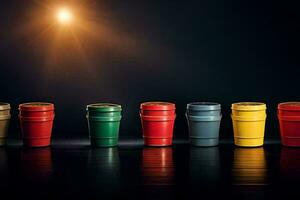 a row of colorful cups on a dark background. AI-Generated photo