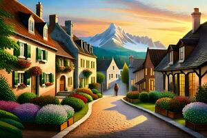 a painting of a village street with flowers and mountains in the background. AI-Generated photo