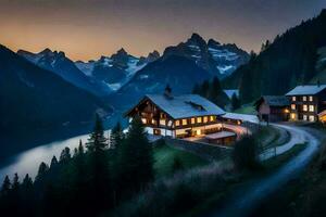 un casa se sienta en un colina con vista a un lago. generado por ai foto