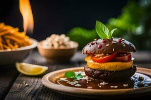 a burger with cheese, tomatoes and herbs on a wooden plate. AI-Generated photo