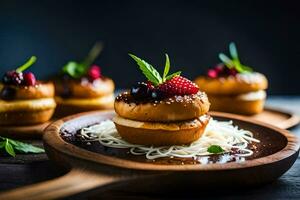 small donuts with berries and mint on a wooden plate. AI-Generated photo