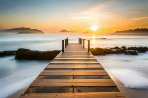 un de madera muelle estiramientos fuera dentro el Oceano a puesta de sol. generado por ai foto