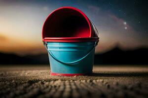 a bucket with a red lid on the sand. AI-Generated photo