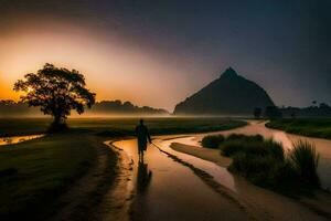 a man walking along a river at sunrise. AI-Generated photo