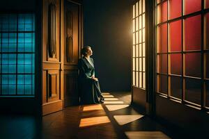 un mujer sentado en un vacío habitación con luz de sol viniendo mediante el puerta. generado por ai foto