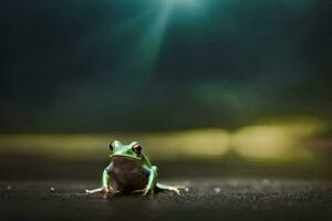 a frog sitting on the ground in front of a bright light. AI-Generated photo