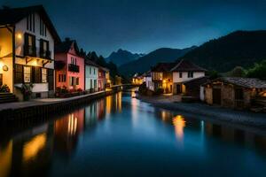 un río carreras mediante un pueblo a noche. generado por ai foto