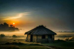 a hut in the middle of a field with the sun rising. AI-Generated photo