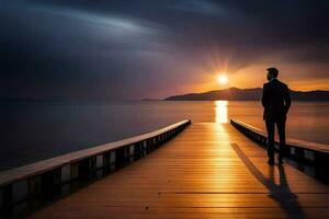 a man standing on a pier looking at the sun. AI-Generated photo