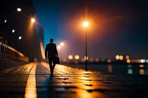 un hombre caminando abajo un calle a noche. generado por ai foto