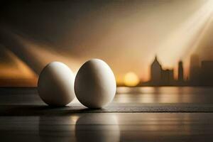 dos huevos en un mesa con un ciudad en el antecedentes. generado por ai foto
