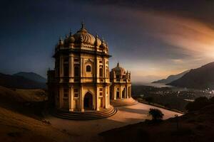 the sun sets over a beautiful building in india. AI-Generated photo