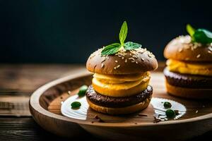 two hamburgers on a wooden plate. AI-Generated photo