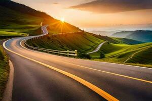 a winding road in the mountains with the sun setting. AI-Generated photo