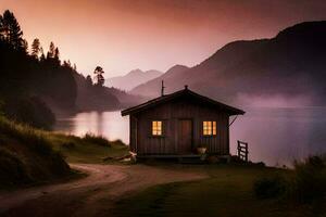 un pequeño cabina se sienta en el lado de un lago a puesta de sol. generado por ai foto