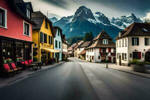 a street in the alps with mountains in the background. AI-Generated photo