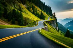 un devanado la carretera en el montañas. generado por ai foto