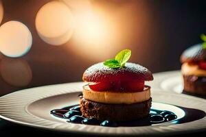 two desserts on white plates with a light background. AI-Generated photo