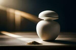 a white vase with a small piece of sand on it. AI-Generated photo