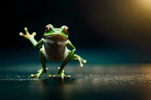 a frog is standing on its hind legs. AI-Generated photo