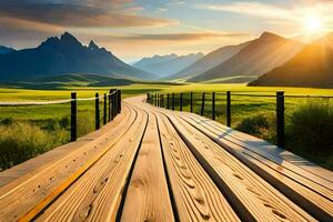 a wooden bridge leads to a mountain range. AI-Generated photo