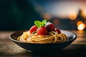 spaghetti with fresh raspberries and mint on a wooden table. AI-Generated photo