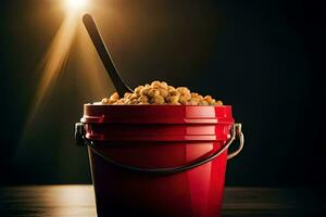 a bucket filled with cereal on a table. AI-Generated photo