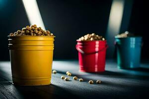 three buckets of peanuts on a table. AI-Generated photo