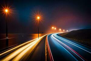 un largo exposición fotografía de un autopista a noche. generado por ai foto