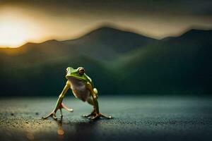 a frog standing on the ground with the sun setting behind it. AI-Generated photo