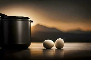 two eggs sit next to a pot on a table. AI-Generated photo