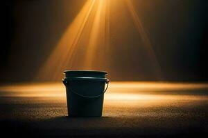 a bucket sitting on a dark floor with light shining from behind. AI-Generated photo