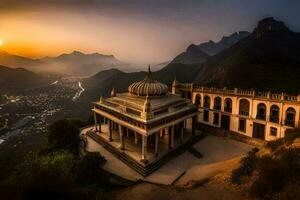 the sun sets over a temple on top of a mountain. AI-Generated photo